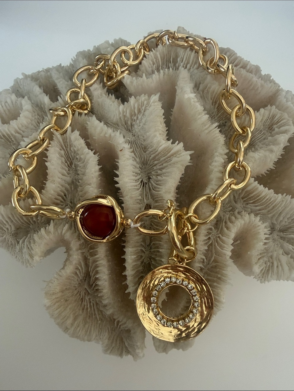 Gold Tone Chain Charm Necklace with Red/Brown Stone and Pavé Circle Charm